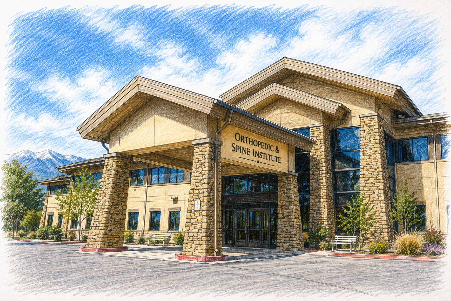 Drawing of a modern medical building with a sign that reads 'Orthopedic & Spine Institute', surrounded by trees and benches, with mountains in the background and a partly cloudy sky.