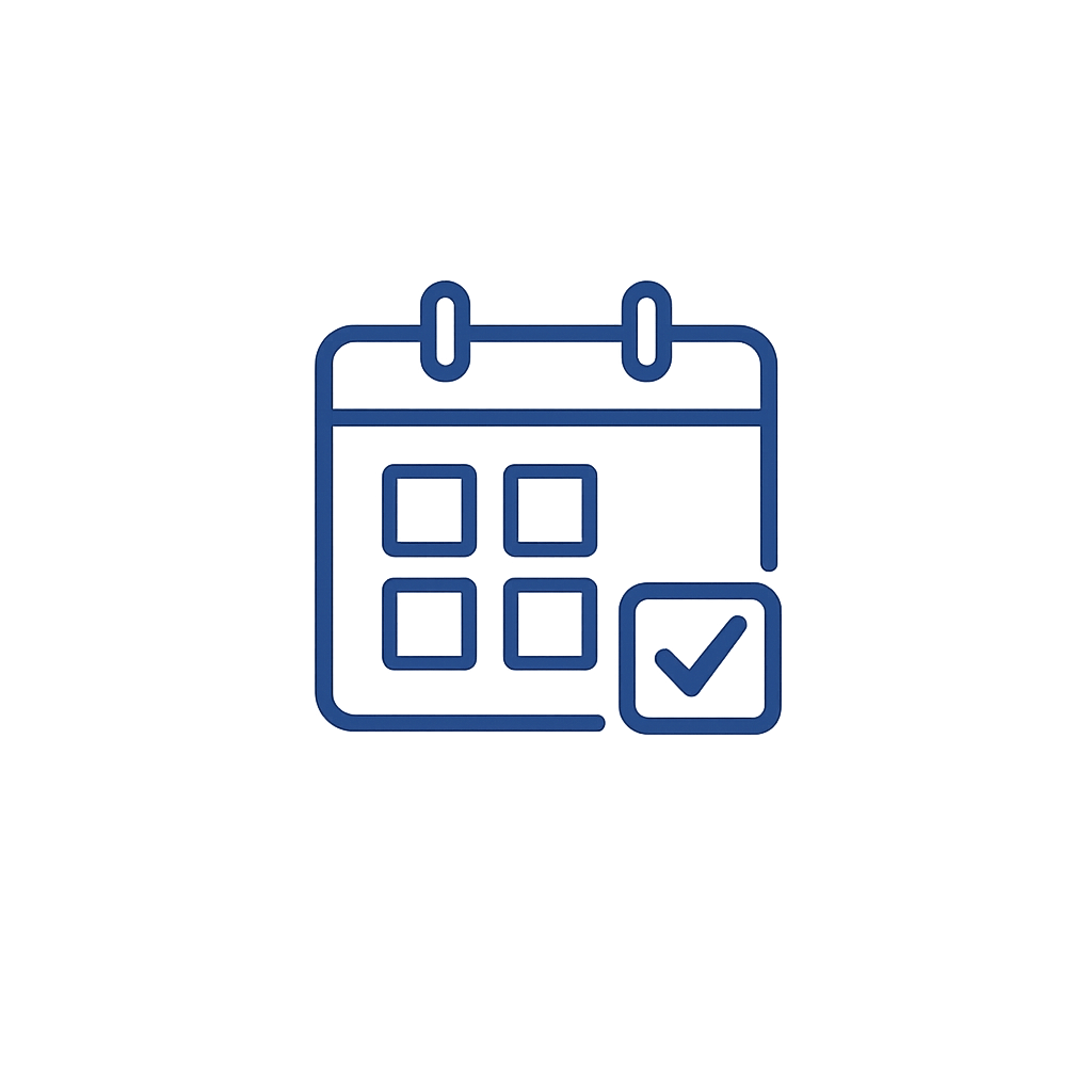 Blue calendar icon with checkmark.