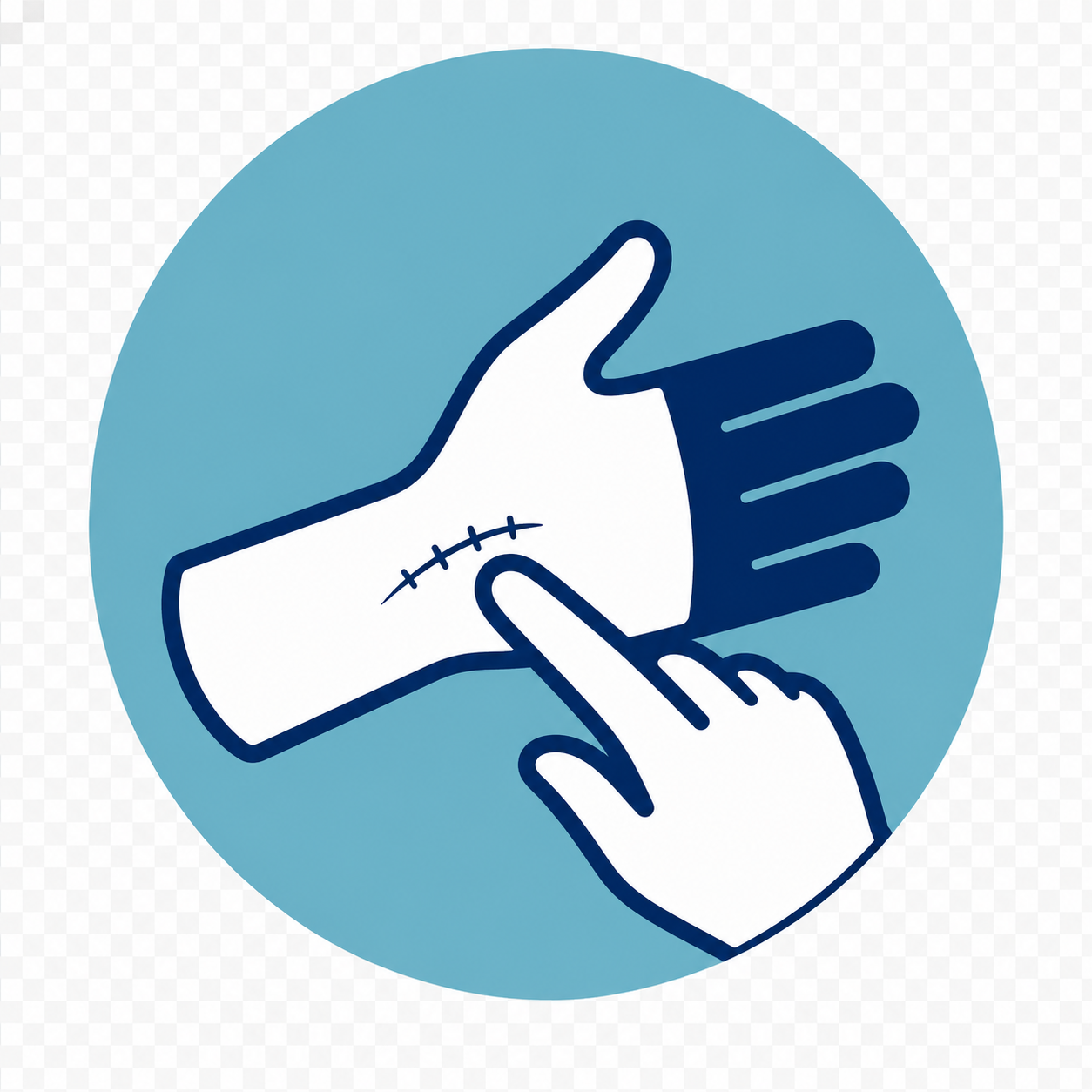 Illustration of a hand bandaging a wrist with a stitch, with a finger pointing to the bandage, against a blue circular background.