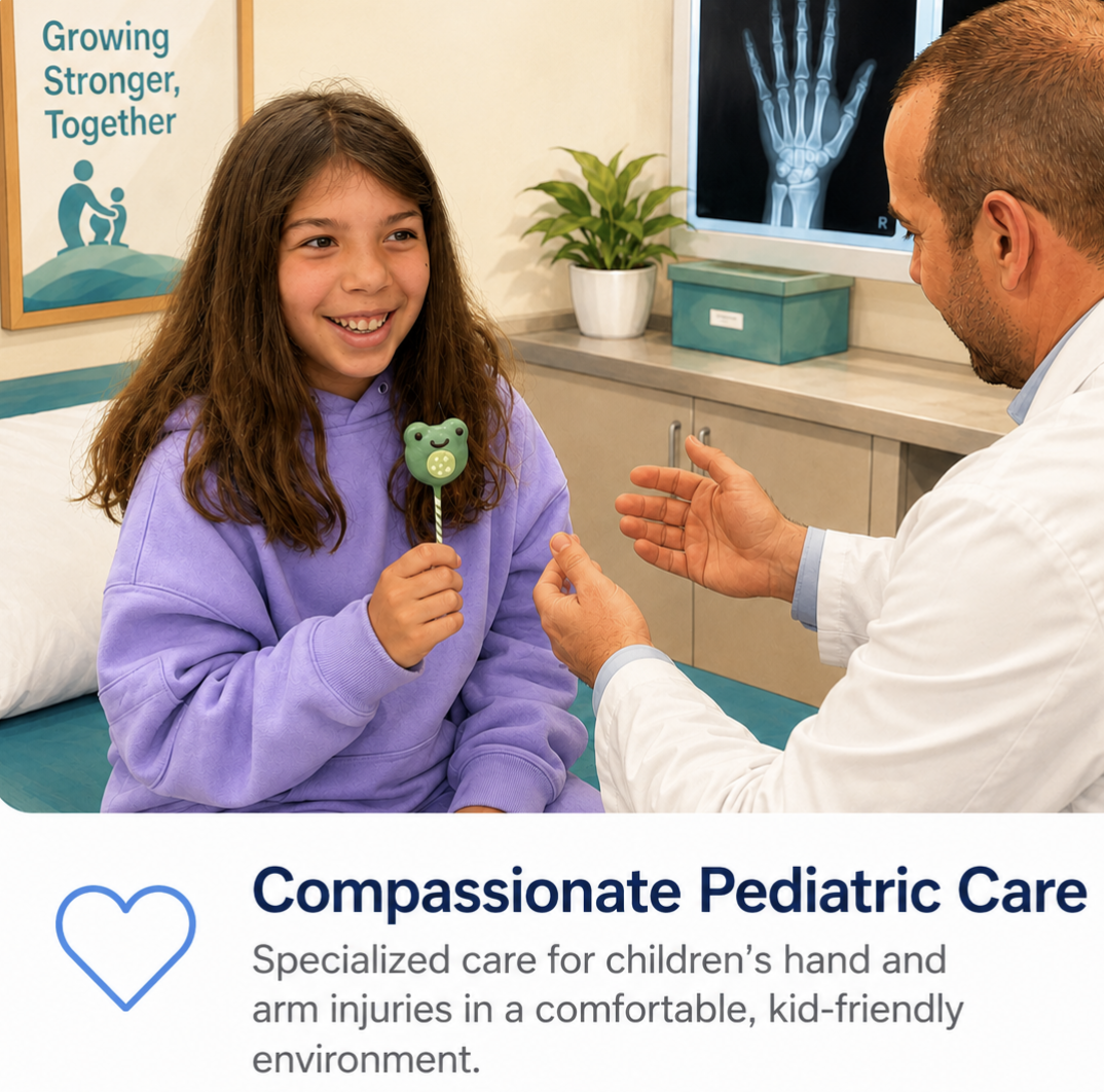 Child receiving compassionate pediatric hand and arm fracture care in a medical office.