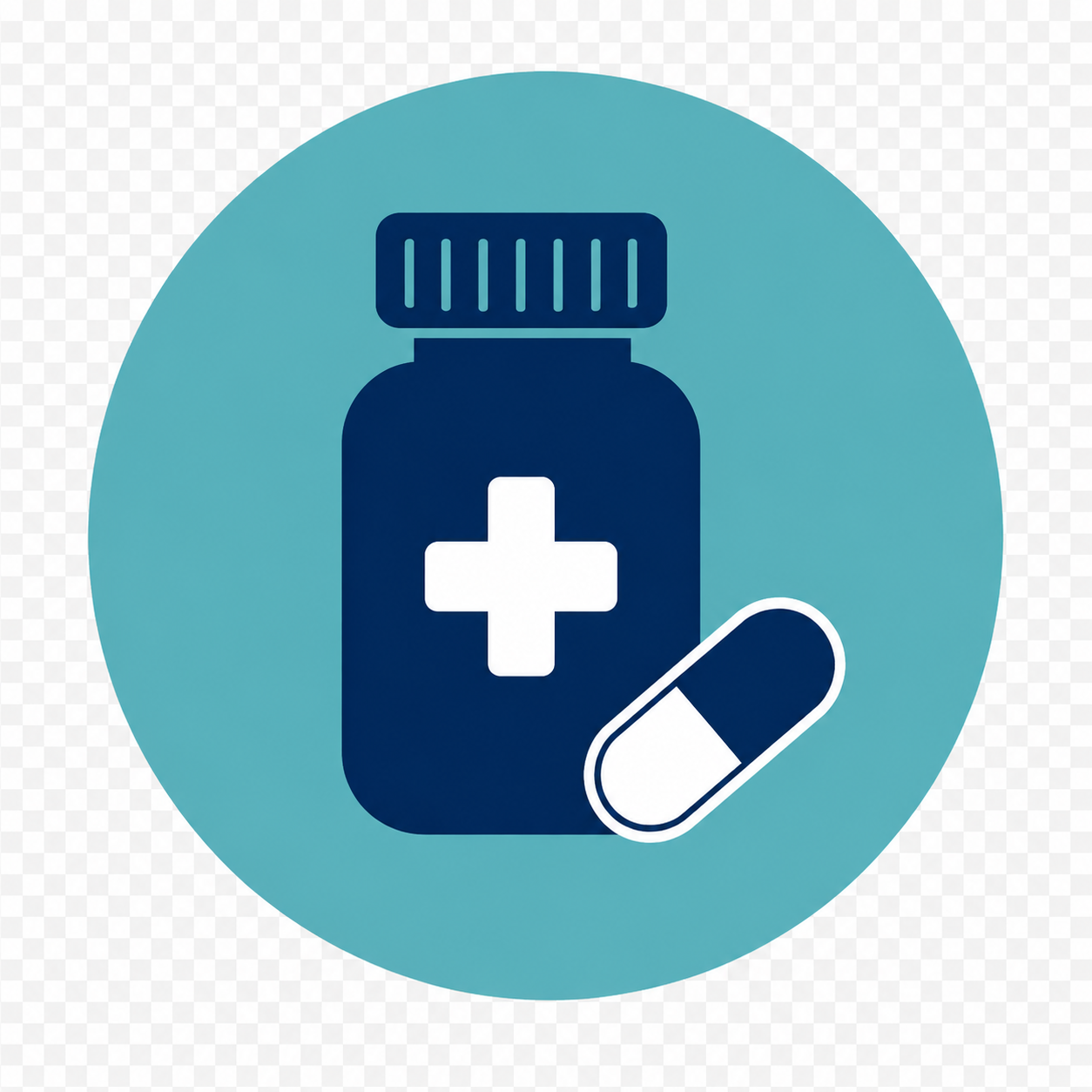 An icon of a medicine bottle with a white medical cross and a capsule pill, all within a blue circular background.