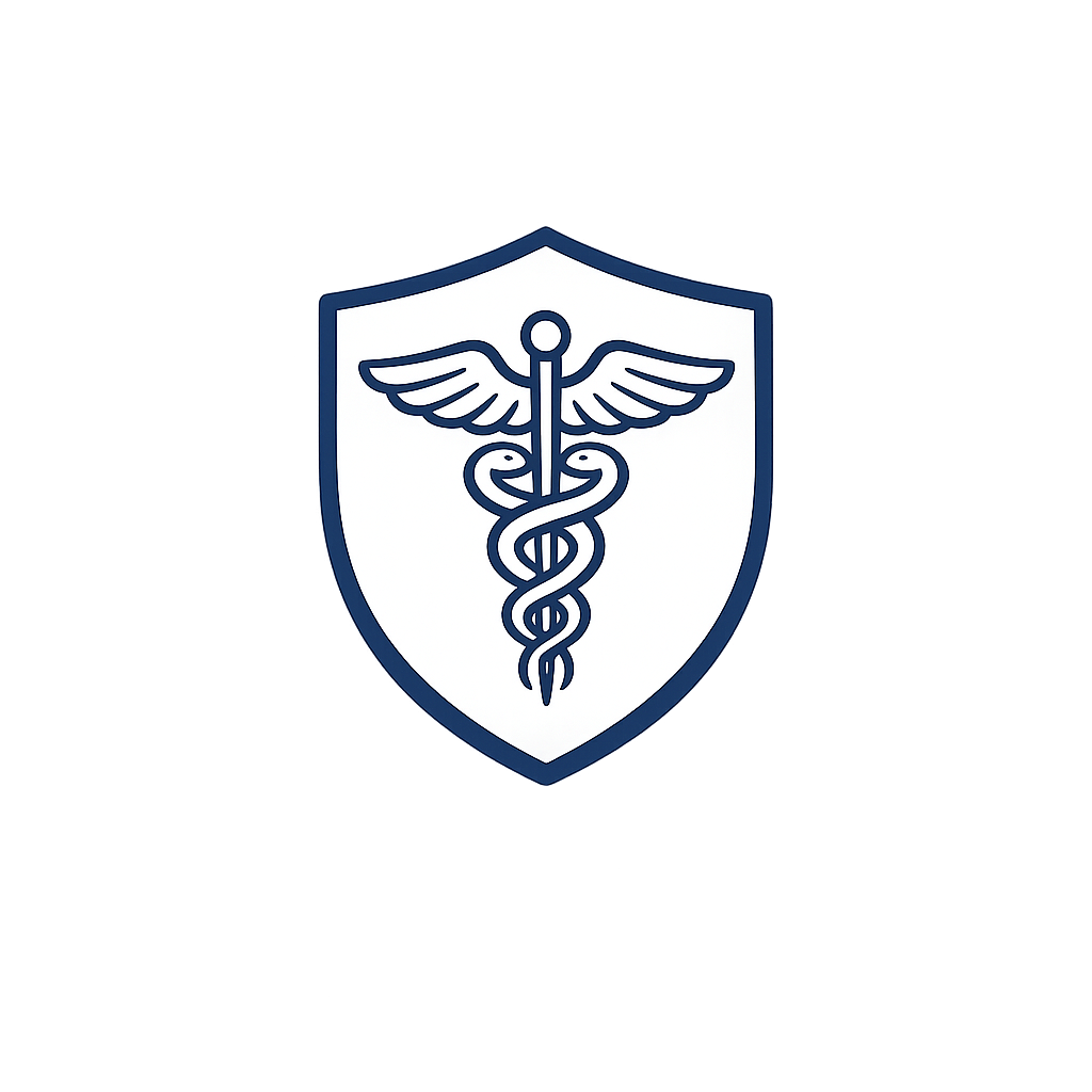 Medical shield with caduceus symbol, featuring a staff with wings and a snake wrapped around it