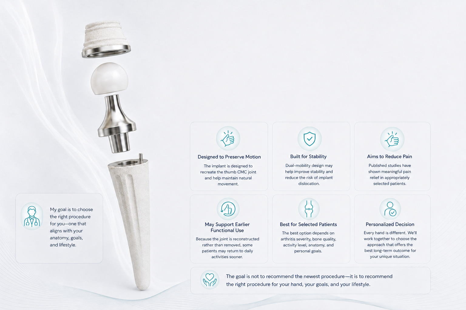 A medical implant device in an exploded view showing various components, with informational text about its design, stability, pain reduction, support for early use, and suitability for selected patients.
