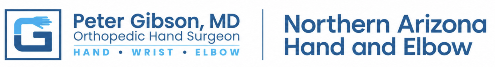 Logo of Northern Arizona Hand and Elbow and Peter Gibson, MD, Orthopedic Hand Surgeon, with a graphic of a stylized hand in a square, indicating specialization in hand, wrist, and elbow surgery.