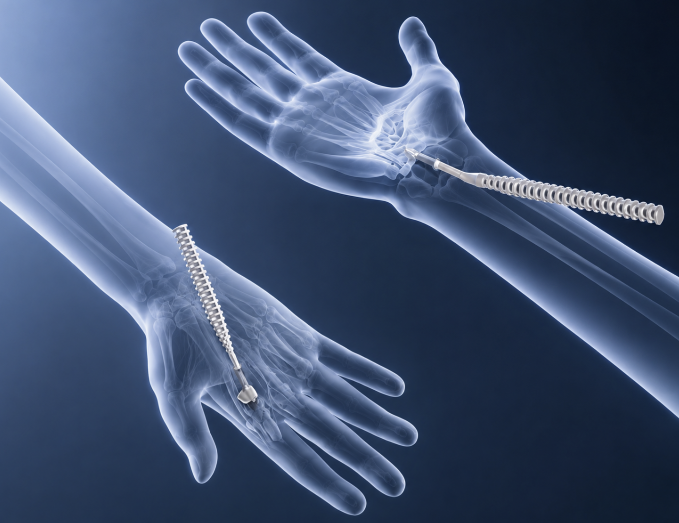 X-ray image showing two hands with medical implants in the wrists.