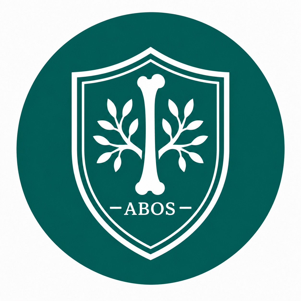 A circular logo with a shield containing a bone, leafy branches, and the acronym 'ABOS' at the bottom.