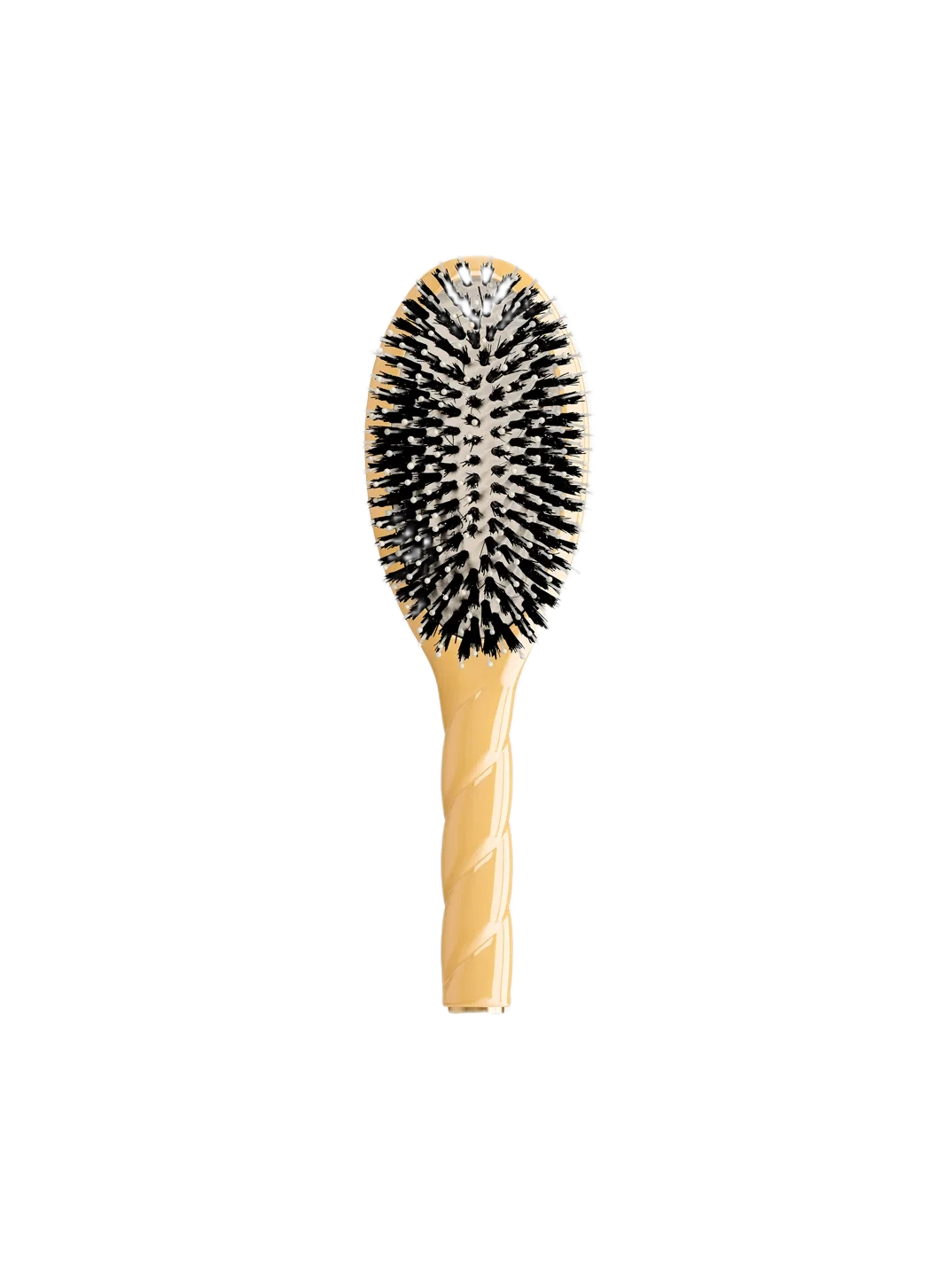 A hairbrush with a beige handle and black bristles.