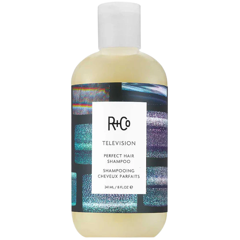 A bottle of R+Co Television Perfect Hair Shampoo with a black, white, and holographic label design, and white cap.