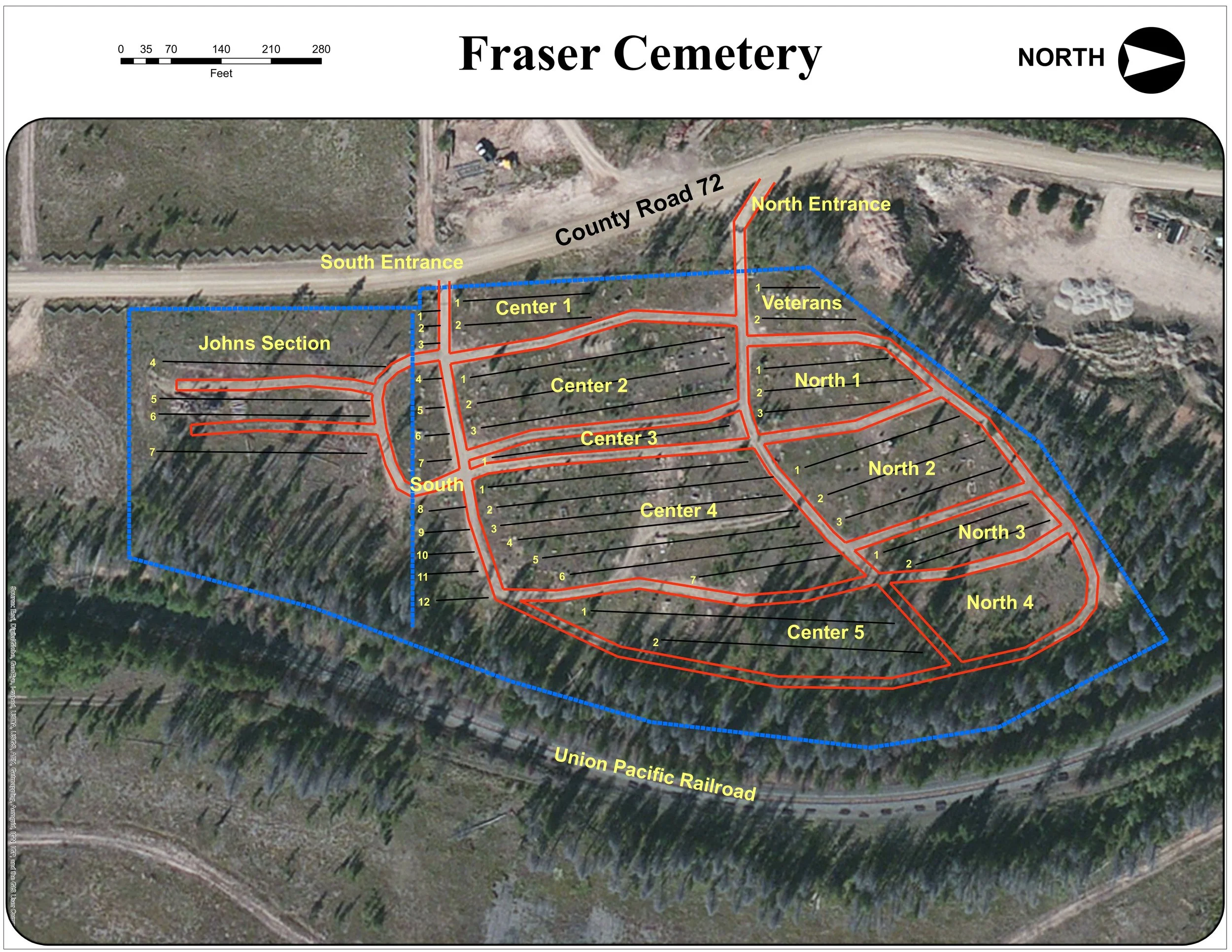 Map of Fraser Cemetery showing the north entrance, south entrance, various sections labeled Center 1 through Center 5, North 1 through North 4, and the Union Pacific Railroad nearby, with roads and natural terrain visible.