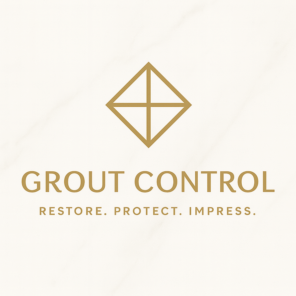 Logo with a geometric symbol above the text 'GROUT CONTROL' and the tagline 'RESTORE. PROTECT. IMPRESS.' on a white background.
