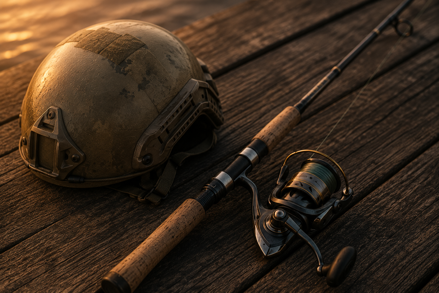 Military helmet and fishing rod placed on wooden dock at sunset.