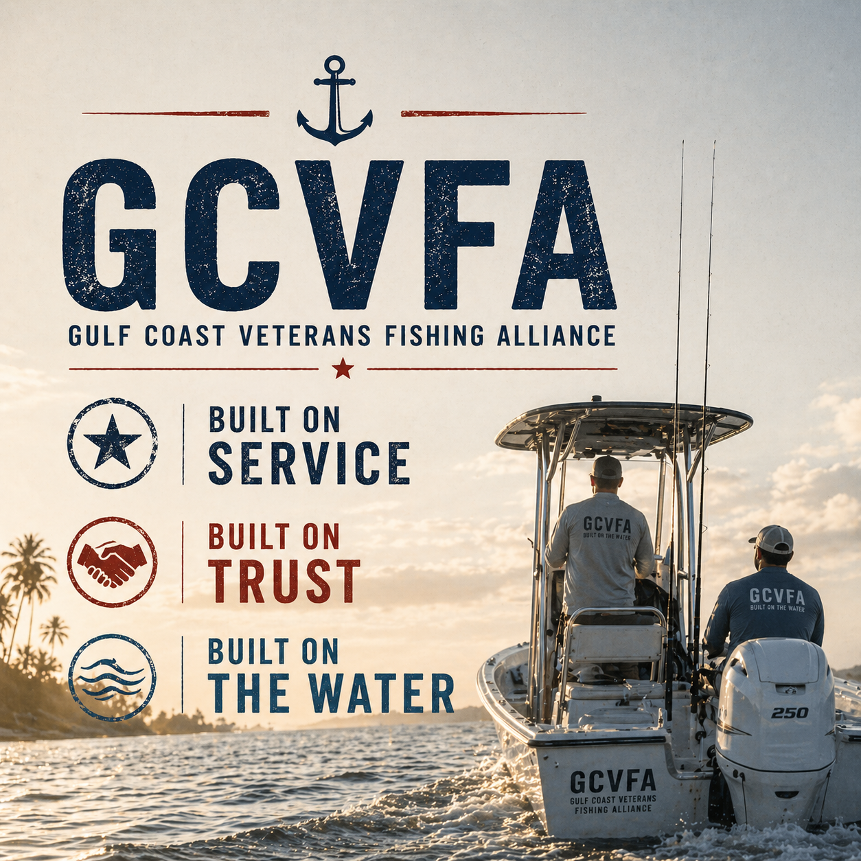 A Gulf Coast Veterans Fishing Alliance poster featuring a boat on the water with two men onboard, with the text highlighting service, trust, and fishing built on water.