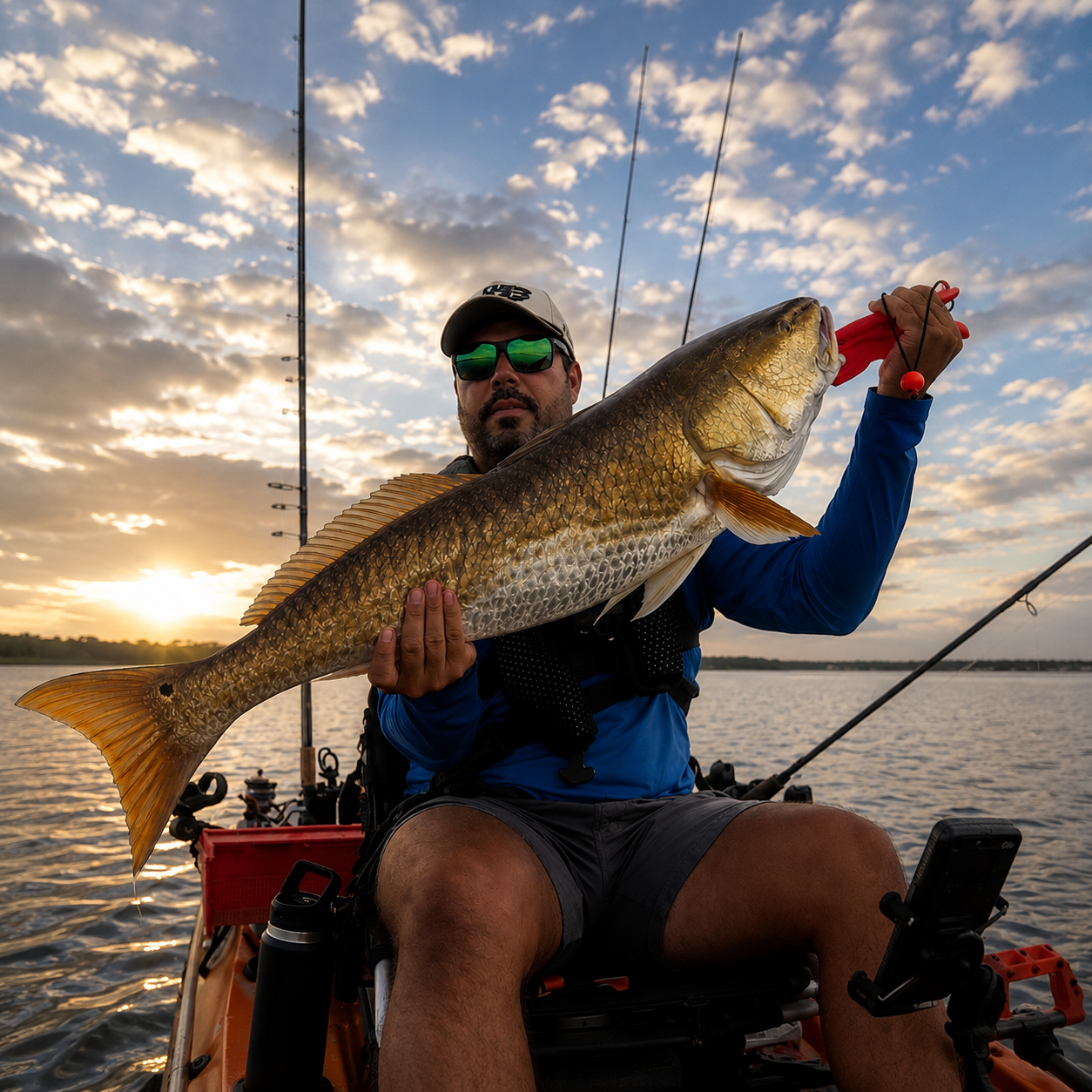Man sitting in a boat holding a large fish during sunset on a body of water.