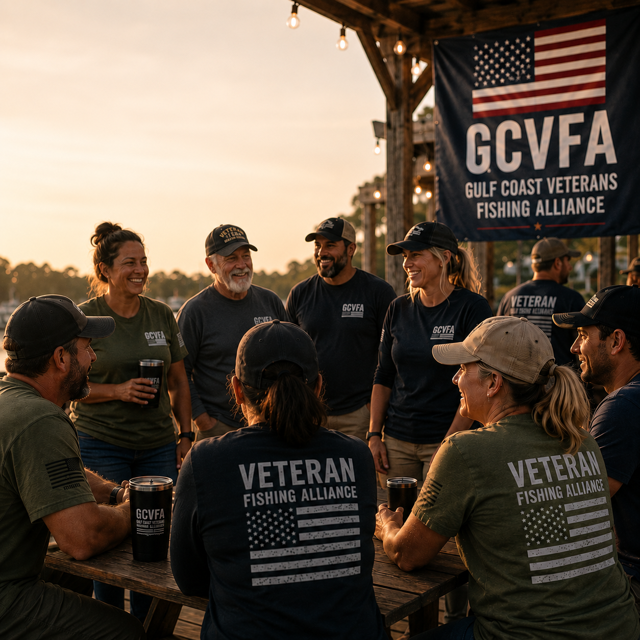 Group of veterans at a Gulf Coast Veterans Fishing Alliance event, smiling and talking outdoors during sunset, with a large GCVFA flag and string lights in the background.