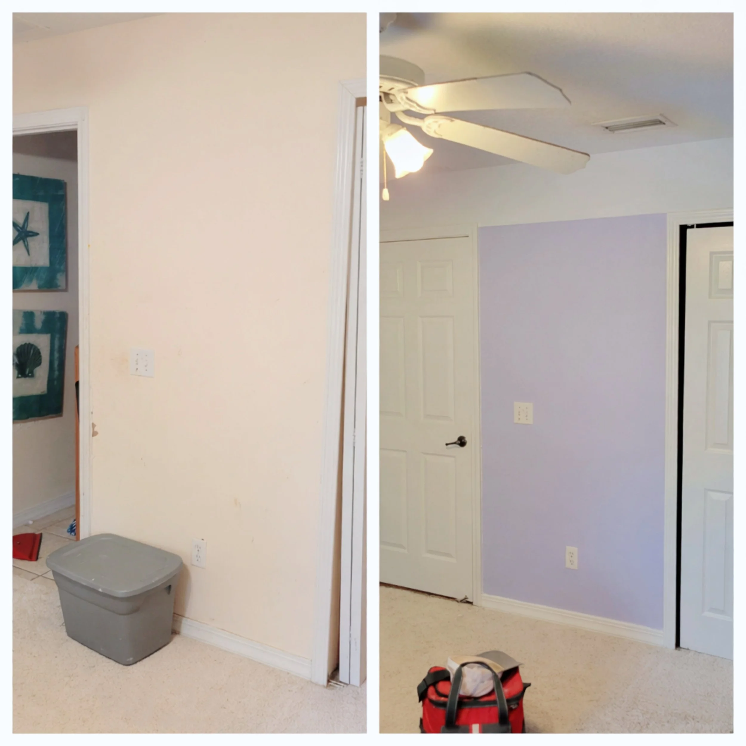 Before and after images of a room repaint. The photo on the left features a pink wall while the photo on the right features a light purple wall with a painted white border at the top of the wall. This was a custom job.
