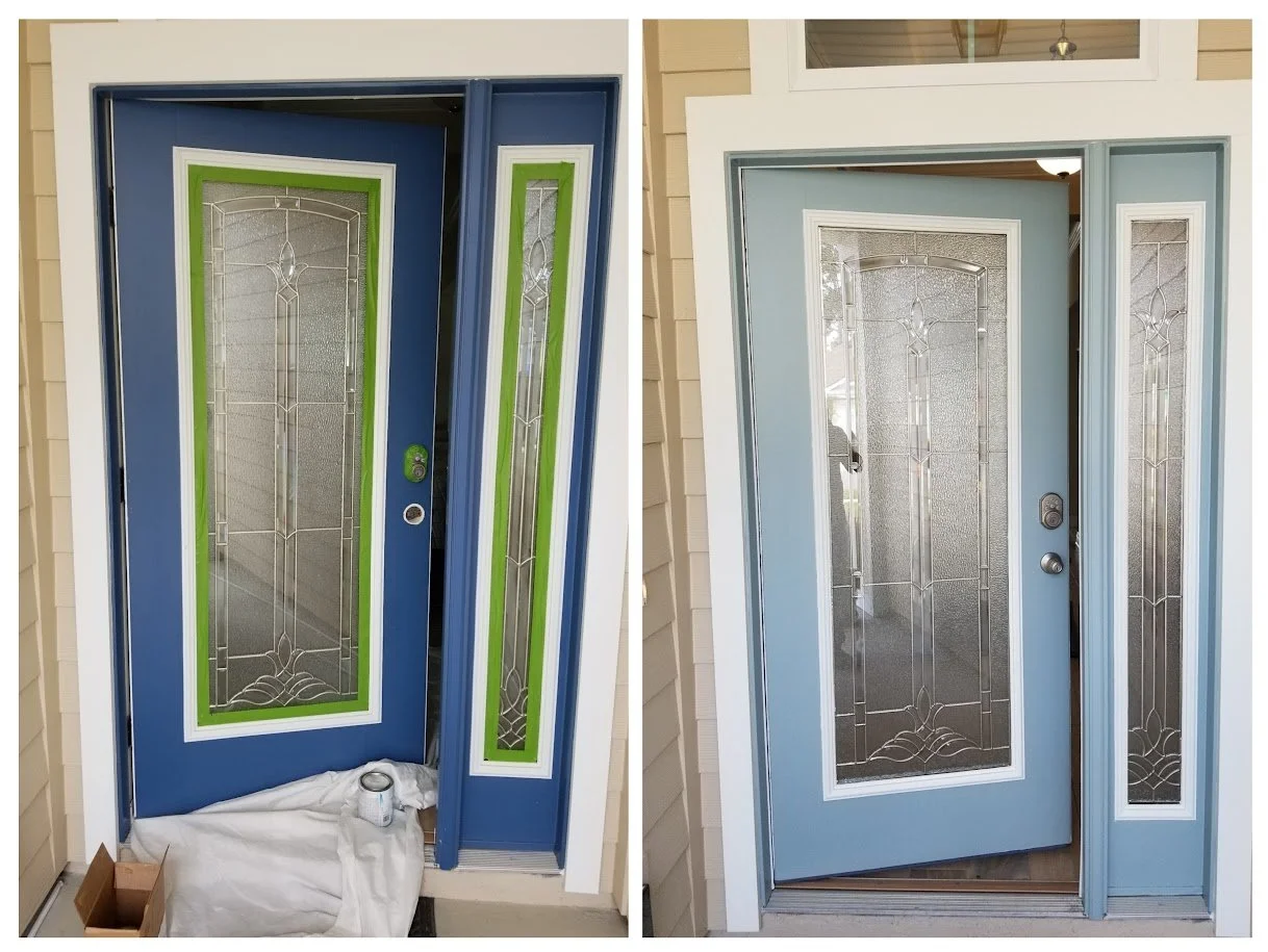 Comparison of a door before and after painting, showing a blue door with decorative glass and a matching sidelamp.
