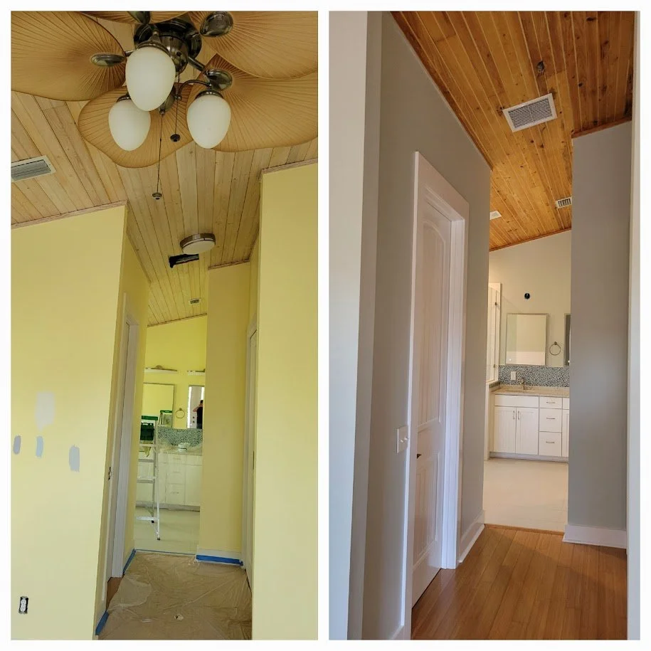 Before and after picture of freshly painted walls, trim and stained wood ceiling