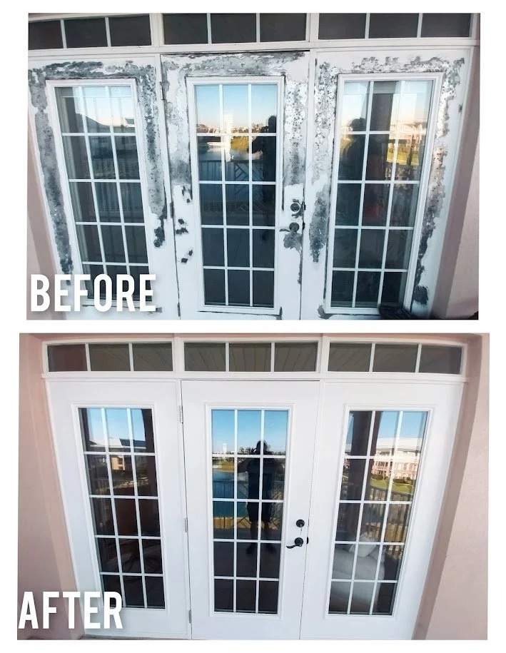 Comparison of a set of French doors before and after being cleaned and renovated. The 'before' shows weathered and peeling paint with dirt and grime around the frames. The 'after' shows freshly painted, clean, and restored doors with clear glass panels.