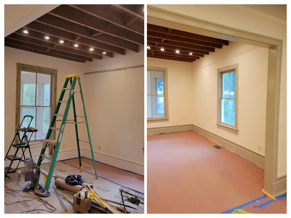 Side-by-side before and after photos of a room repaint. The left photo shows painting in progress. The right photo shows the finished room with painted walls and clean trim.