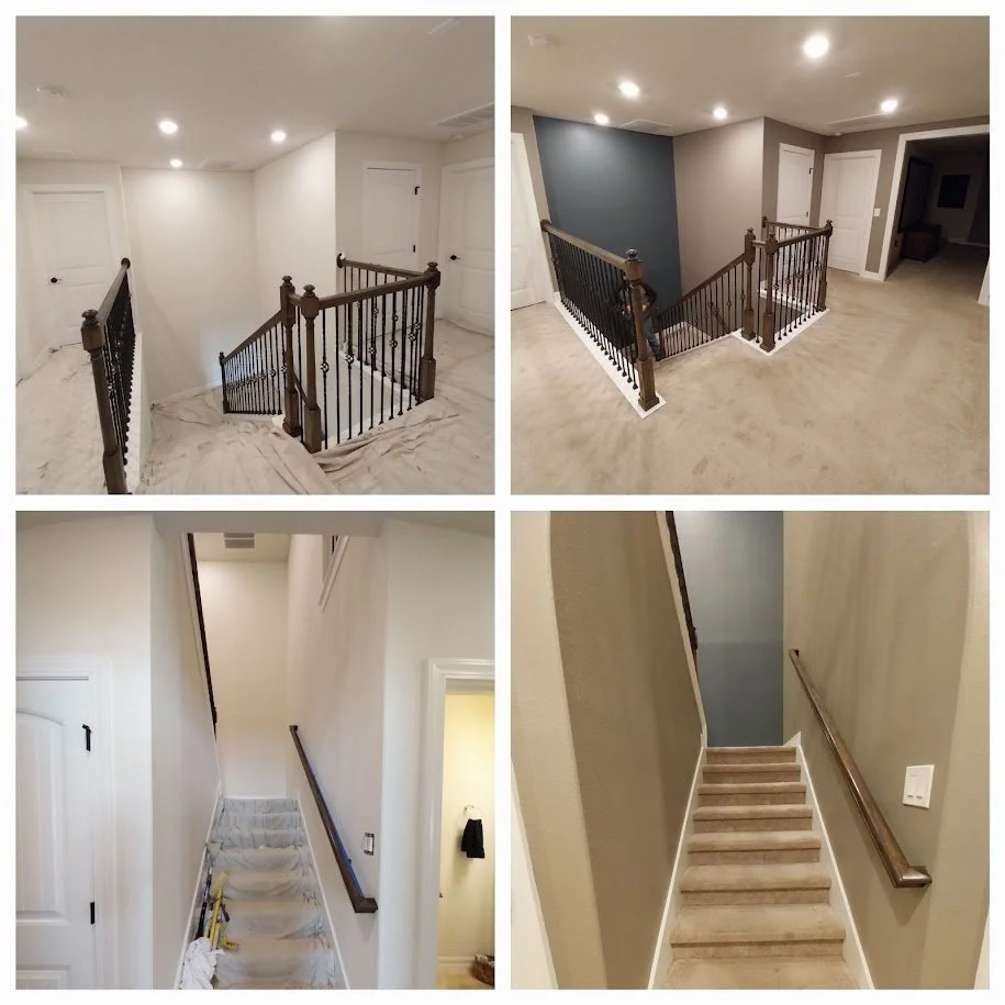 this was a fun job we upgraded this stairwell and lading with a nice modern vibe and accent wall as we told are costumer Consider it Done
