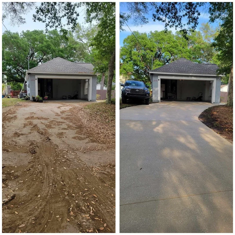 first picture of a driveway before being pressure wash second picture shows a clean driveway