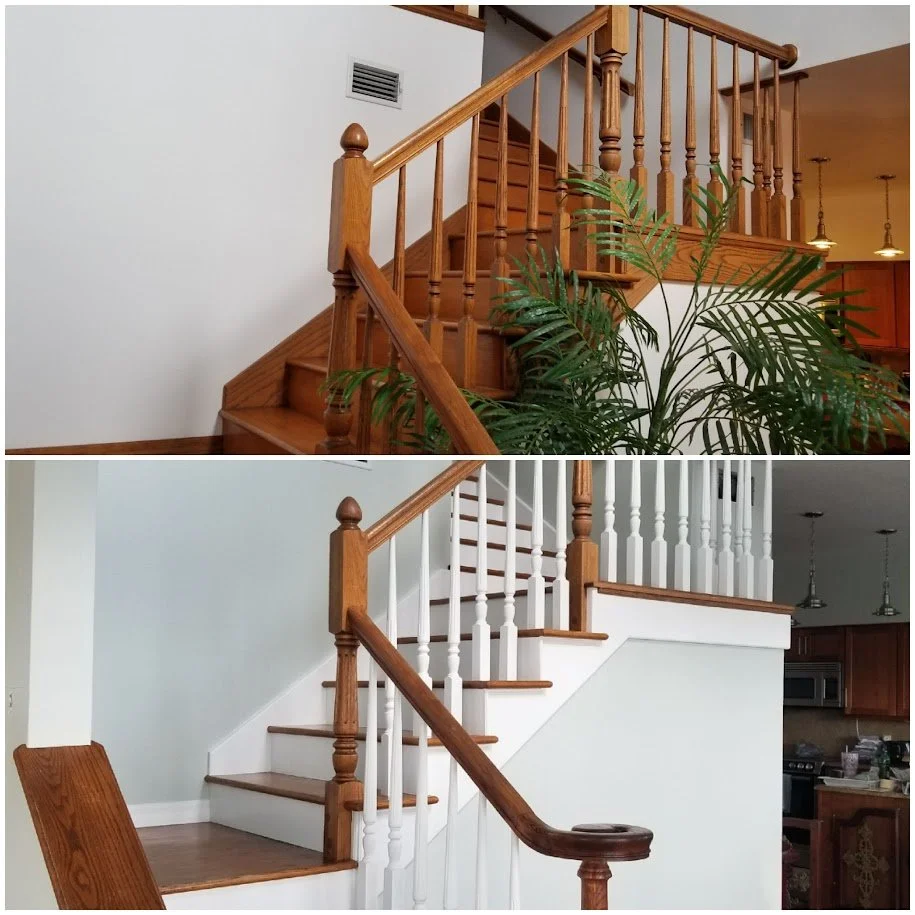 Comparison of wooden staircase before and after painting, showing the handrail and spindles in natural wood color in the top image and painted white in the bottom image, in a home interior