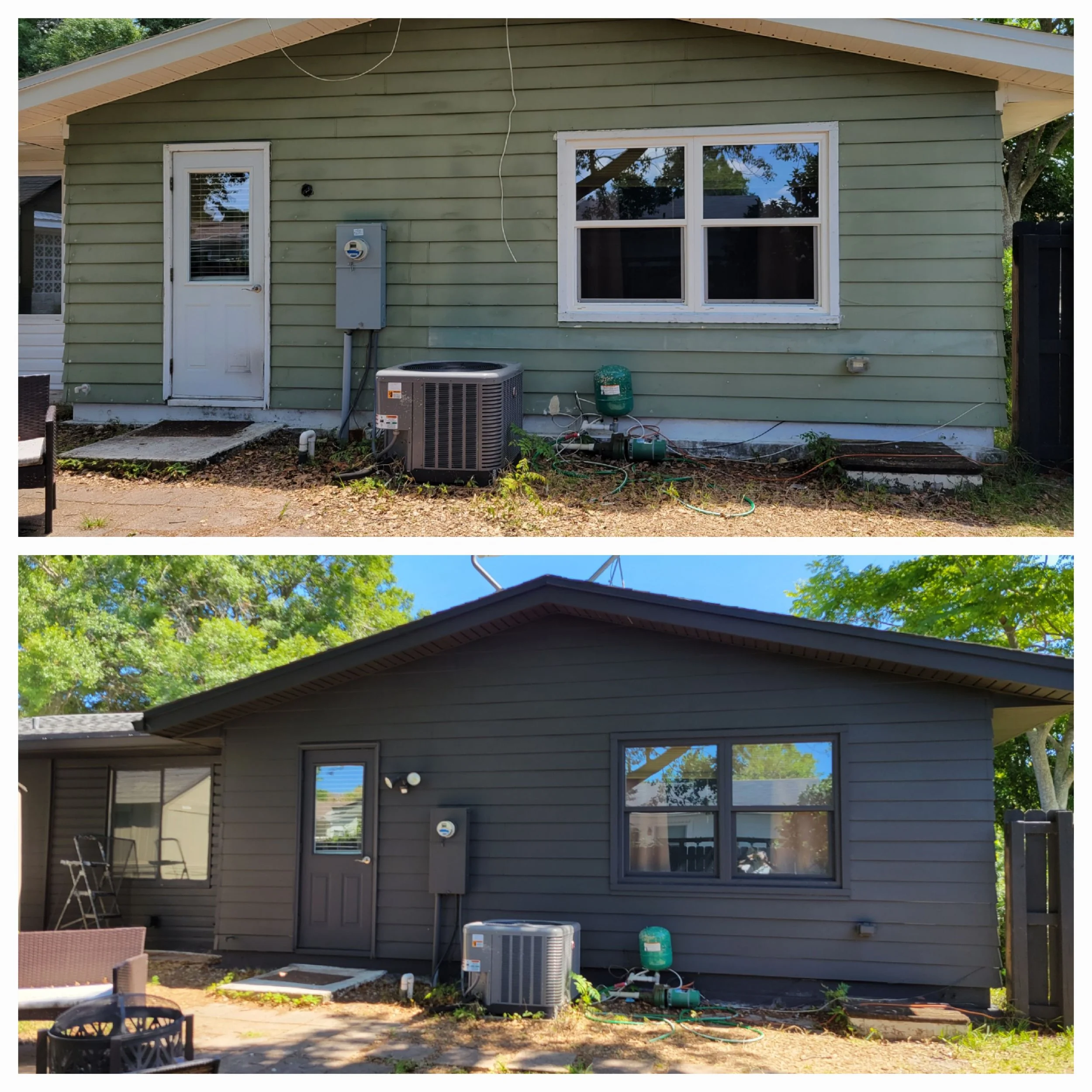 Back of a house with sage green siding and white trim around the door and window in comparison to the same house repainted black with black trim around the door and window.
