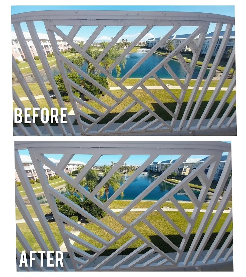 Before and after comparison of restoration and painting of balcony raining. 