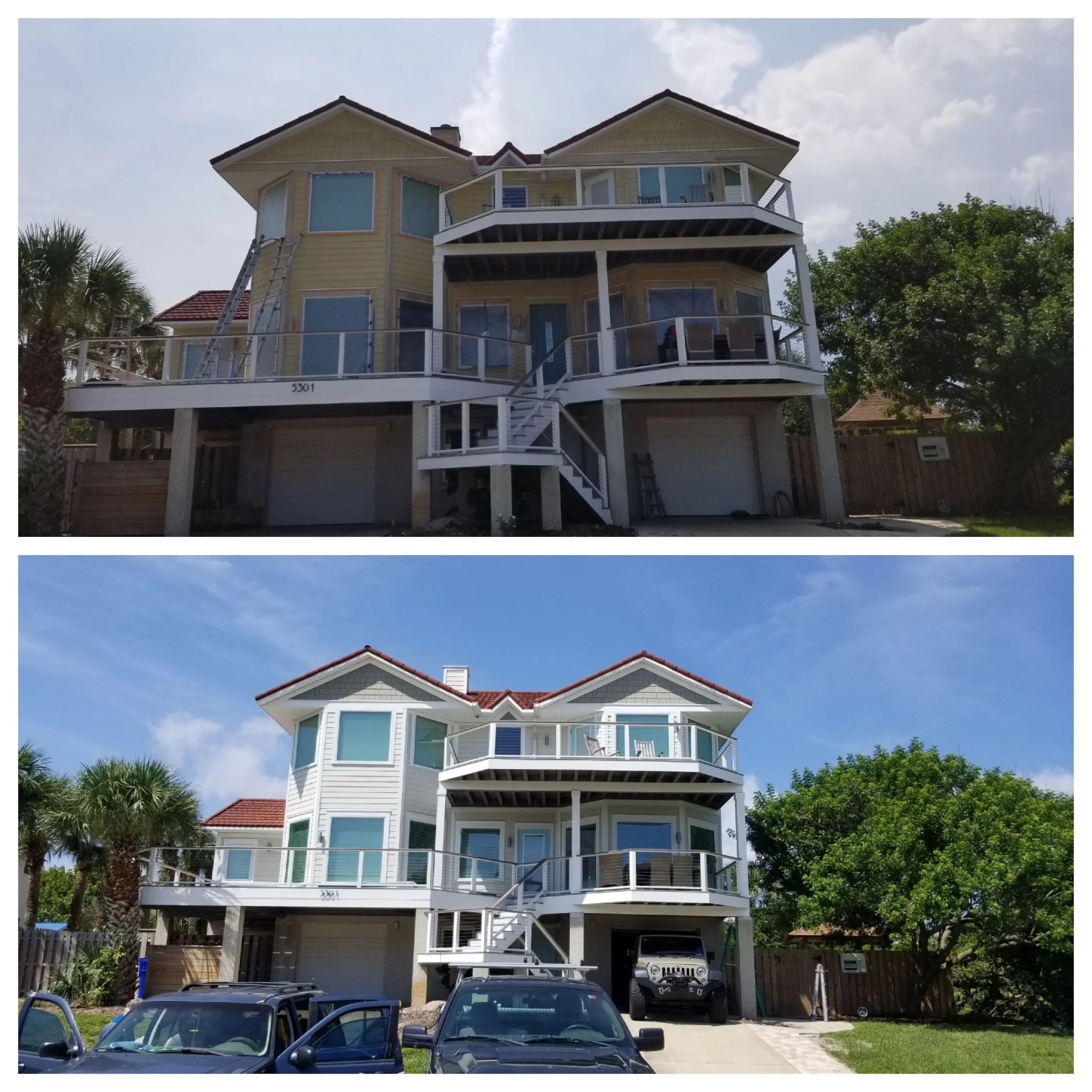 Front view of a multi-story house with a large balcony, before and after painting.