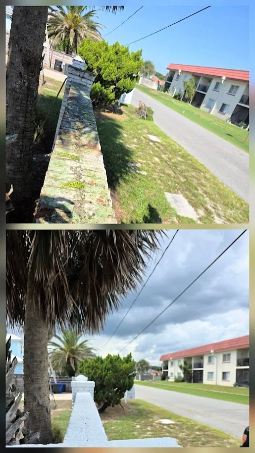 Before and after views of the top of an old stucco privacy wall. Before- on the left, shows a dirty and damaged wall with peeling paint. After- on the right, shows a professional repair and paint job. 