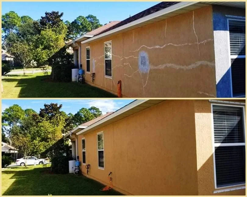 Comparison of a house wall before and after repair, with a visible patched and painted area on the upper section of the wall in the first image, and a smooth, uniform wall in the second image.