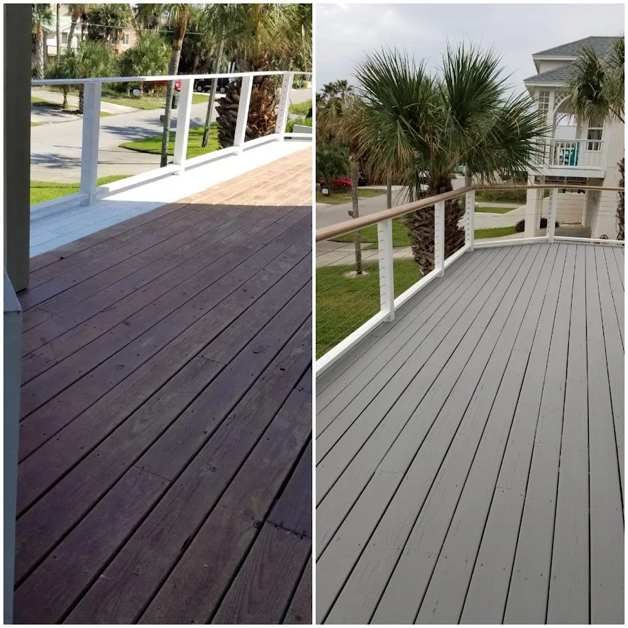 Side-by-side comparison of two balconies, one with stained dark wood flooring and the other with painted light gray wood flooring, each featuring white railings and surrounded by palm trees and residential neighborhoods.