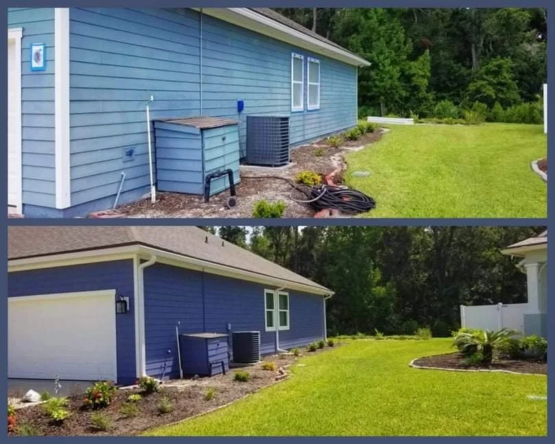 Comparison image showing the transformation of house siding from faded blue in the top image to fresh, vibrant blue repaint with white trim in the bottom image.