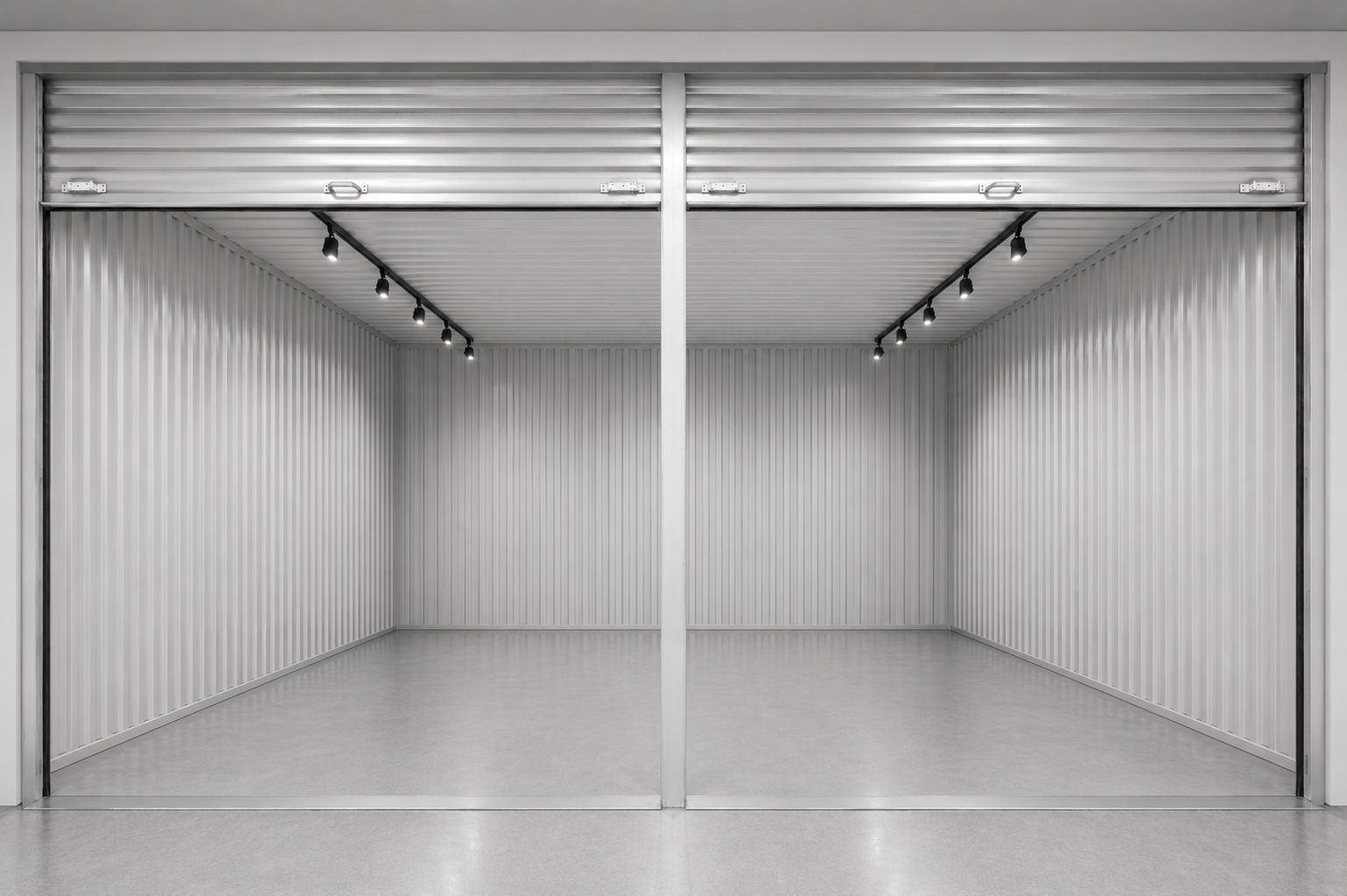 Empty double storage unit with metal roll-up doors and an open interior, with track lighting on the ceiling.