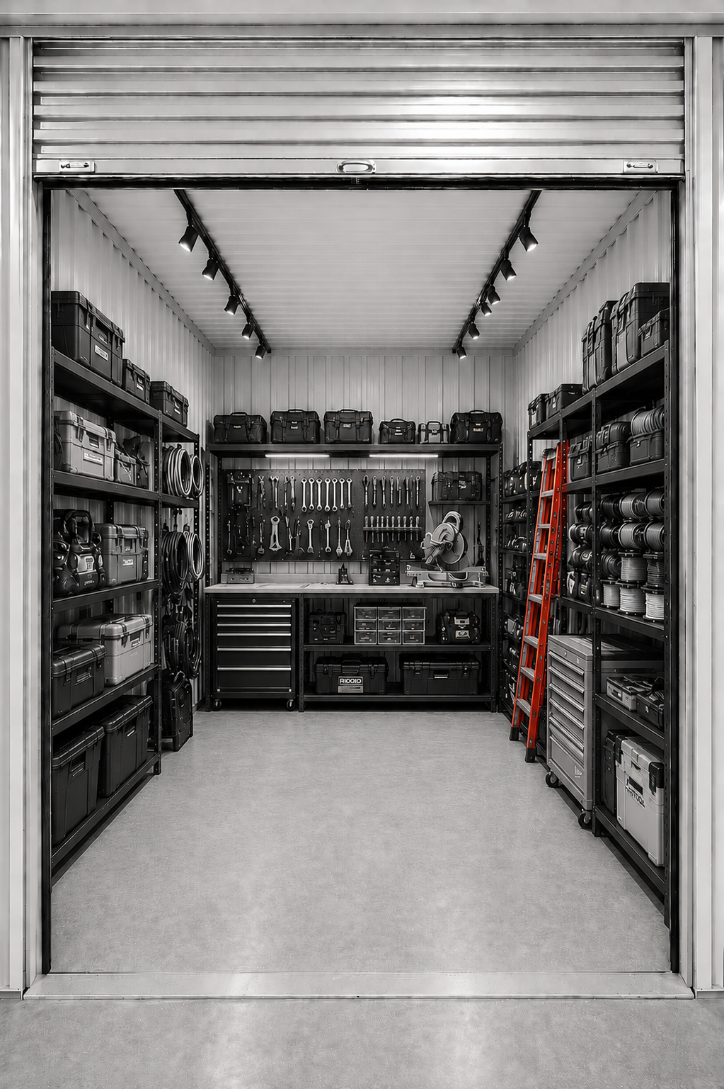 A well-organized tool and equipment storage unit with black shelves, toolboxes, cables, wrenches, and a red ladder inside a metal shipping container.