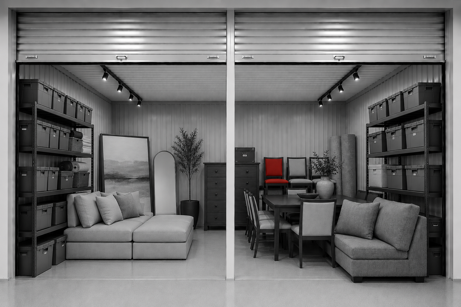 A double storage unit filled with storage shelves, furniture, and home decor. Image is in a monochrome filter with a red accent highlighting a dining chair.
