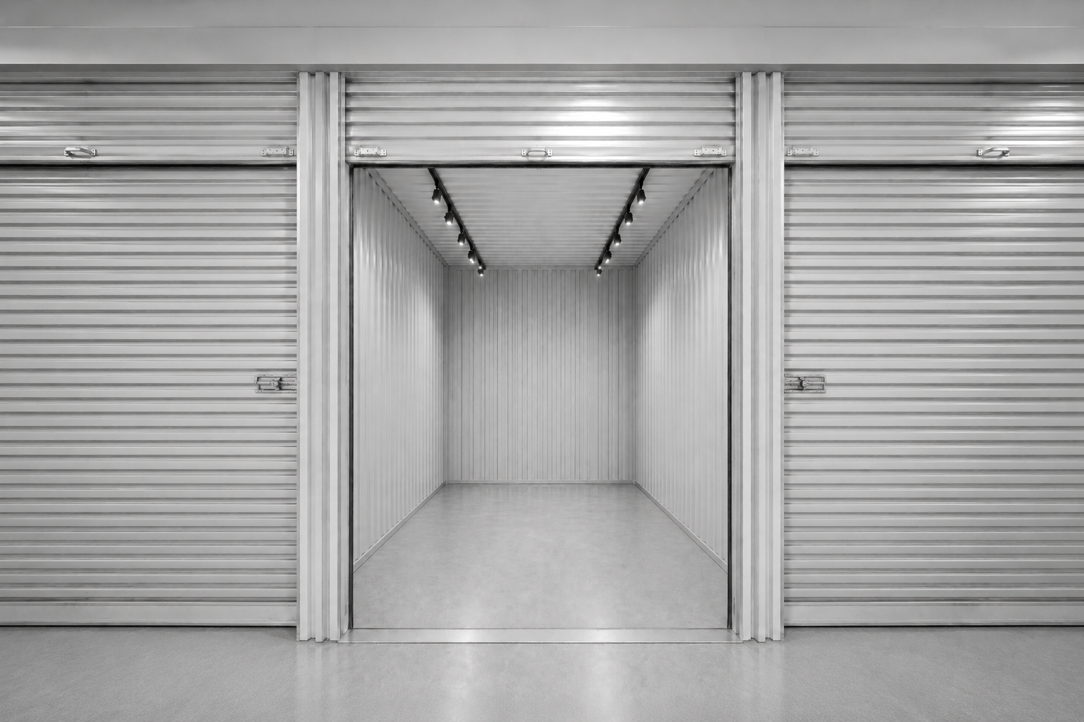 Empty single storage unit with metal roll-up doors and an open interior, with track lighting on the ceiling.