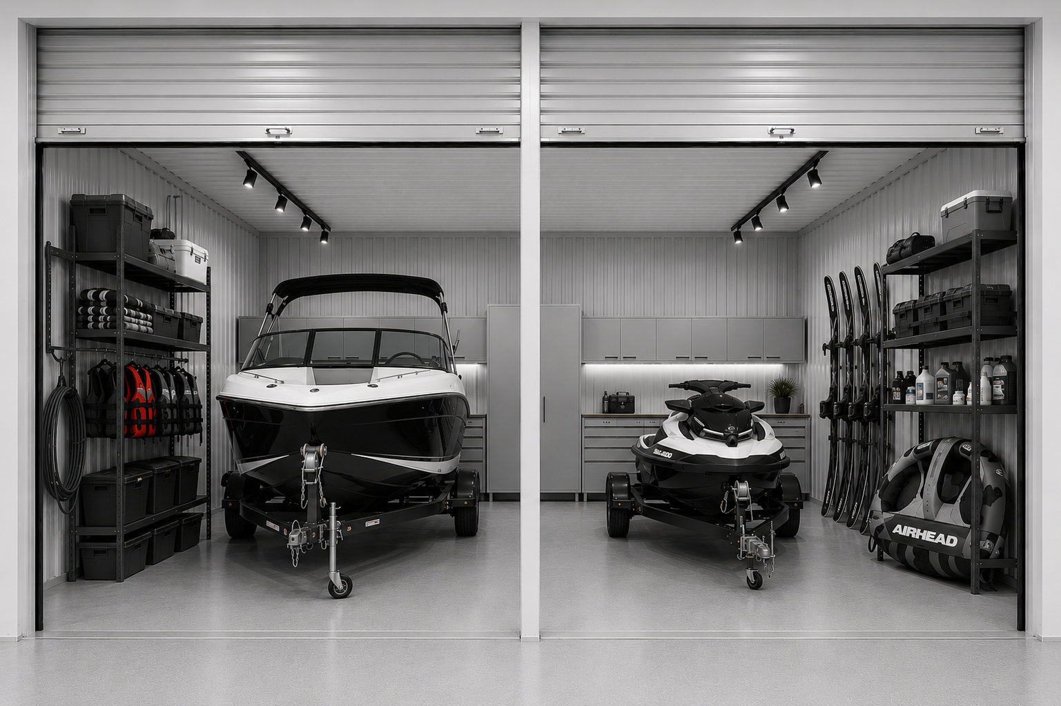 A neatly organised SPARE SPARE double storage unit with two boats on trailers, one on the left side and one on the right, surrounded by shelves with storage bins, life jackets, sports equipment, and cleaning supplies.