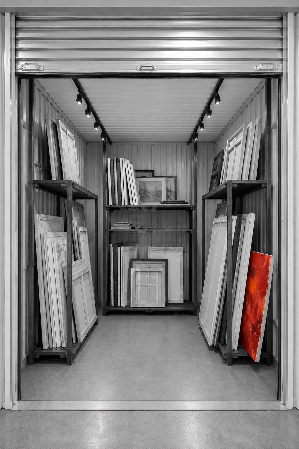 Art supplies such as framed paintings and canvases stored in a SPARE SPACE premium storage unit.