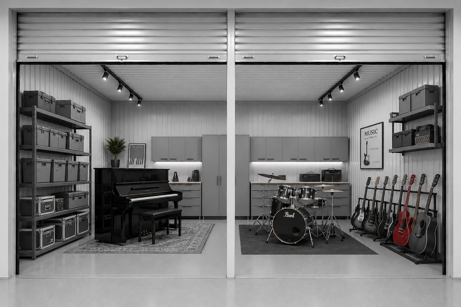 Musical instrument room with a black upright piano, drum set, multiple guitars on a stand, storage shelves with boxes, cabinets, and wall art, in black and white.