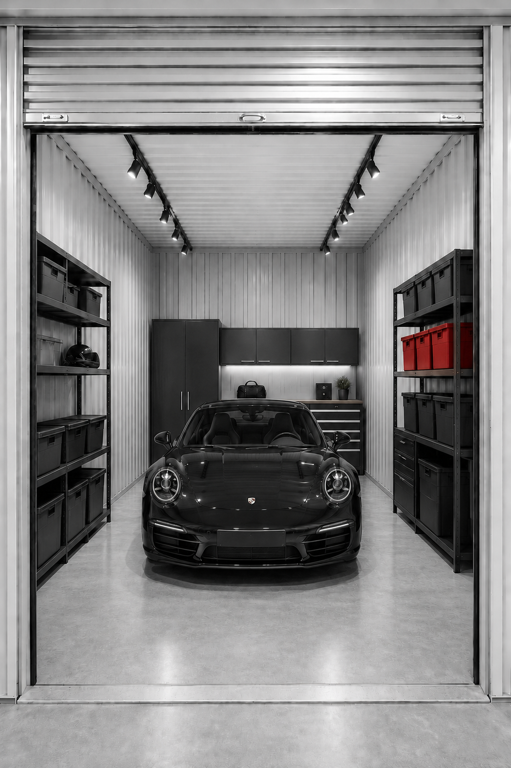 A black sports car parked inside a neatly organised SPARE SPACE premium storage unit.