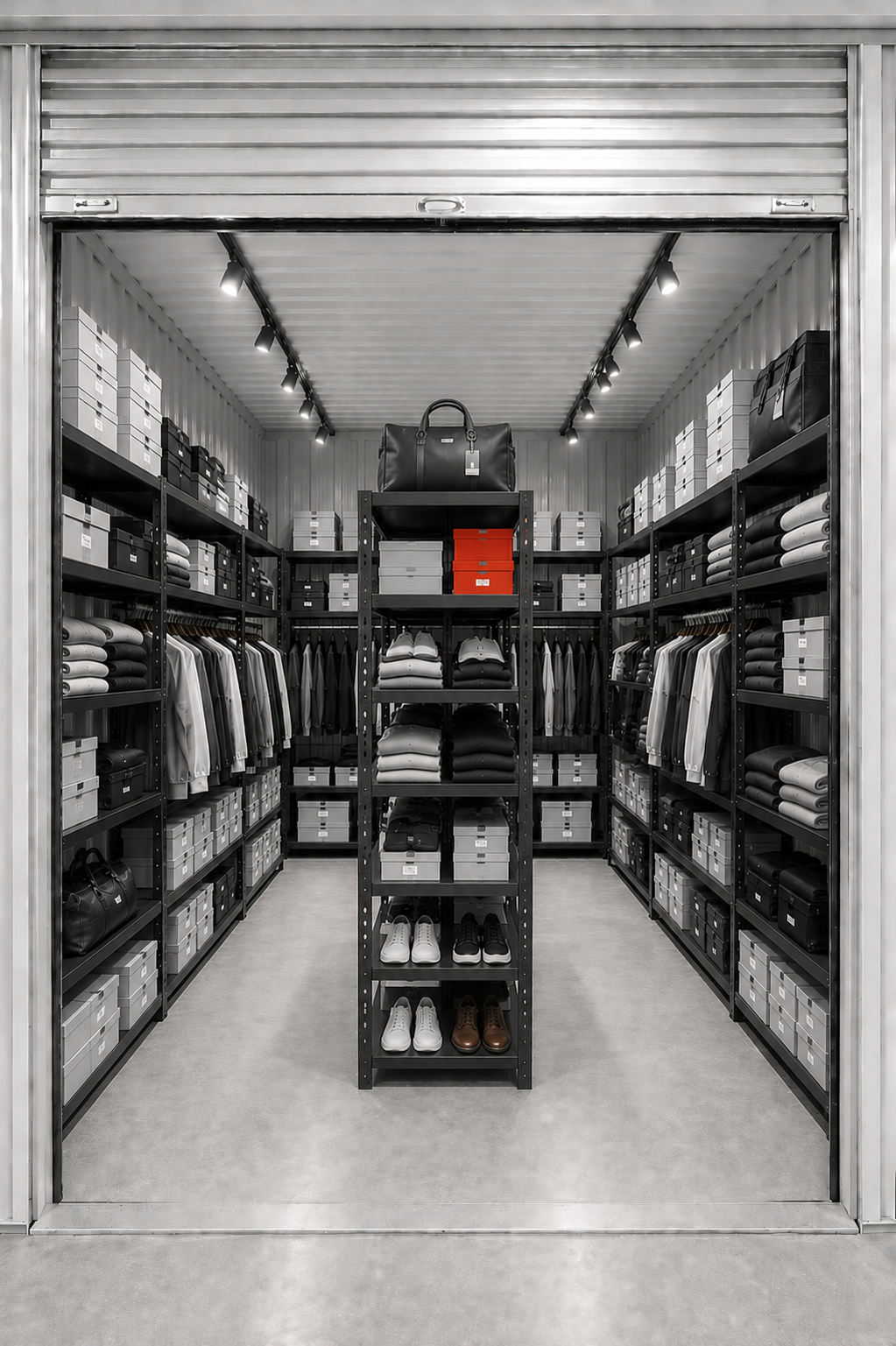 A well-organized storage unit with shelves containing clothing, shoes, bags, and boxes, viewed from the open door.