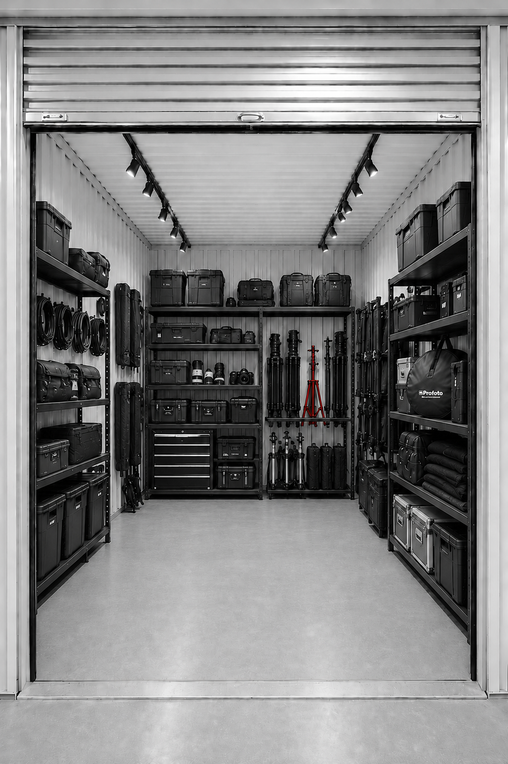 A well-organized storage unit with shelves containing camera gear, tripods, bags, and equipment cases.