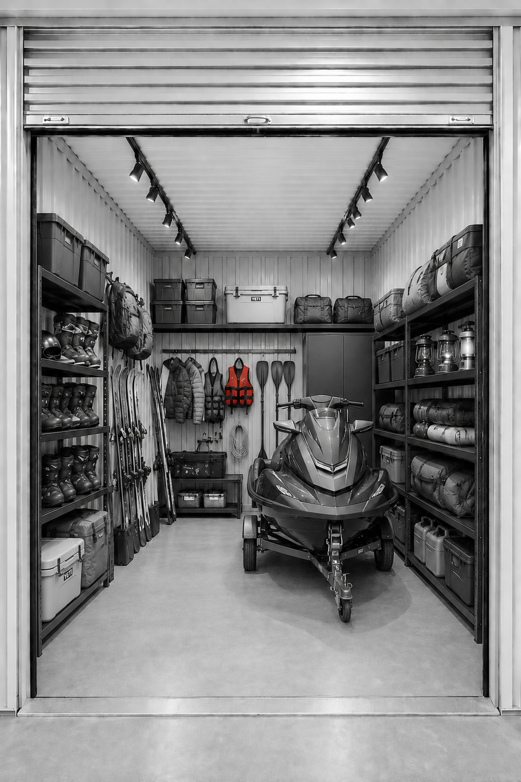 An organised SPARE SPACE single storage unit with outdoor equipment including a jetski, skis, boots, helmets, life jackets, and shelves filled with bags and lanterns.