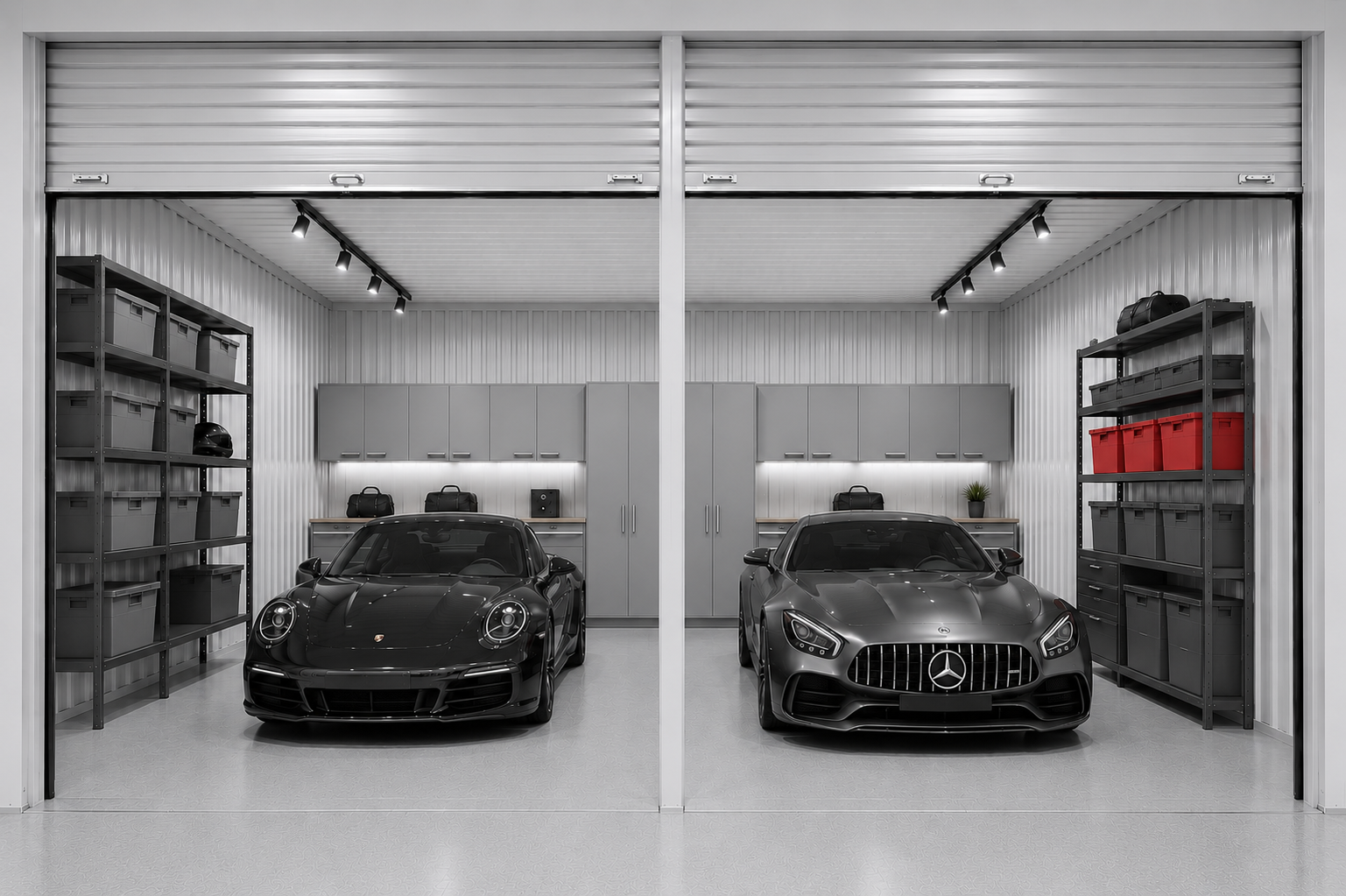A sleek with two luxury sports cars, one black Porsche and one gray Mercedes-Benz, parked side by side. The garage has gray storage cabinets on the back wall, metal shelving units with storage bins on both sides, and a white, arched roller door open 
