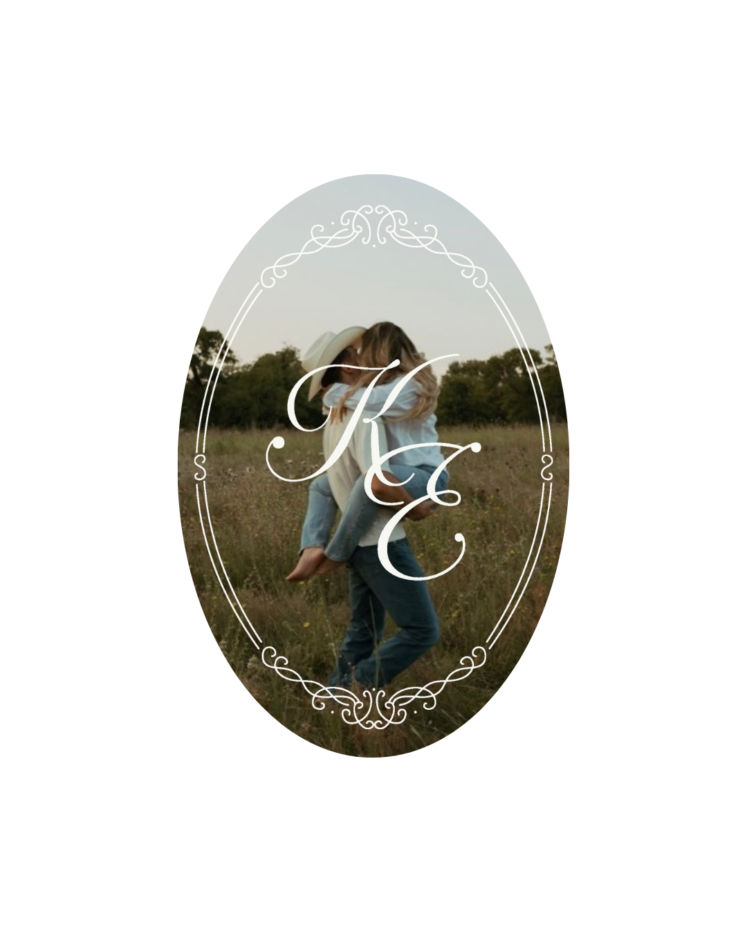 A logo overlay on a photo of a couple in a field, with the woman giving the man a piggyback ride, and monogram initials 'K' and 'C' inside an ornate oval frame.