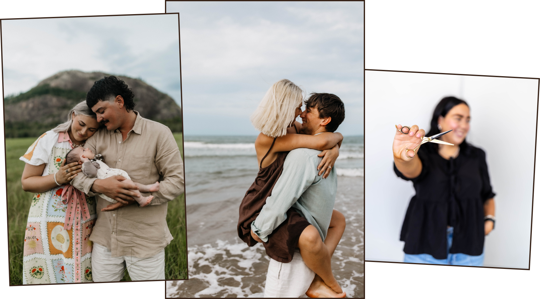 A collage of three photos representing different people. The first photo shows a couple holding a newborn baby outdoors in a grassy area with a mountain in the background. The second photo depicts a woman in a brown dress hugging a man at the beach with waves behind them. The third photo features a woman with glasses, holding a pair of scissors towards the camera in an out-of-focus interior setting.