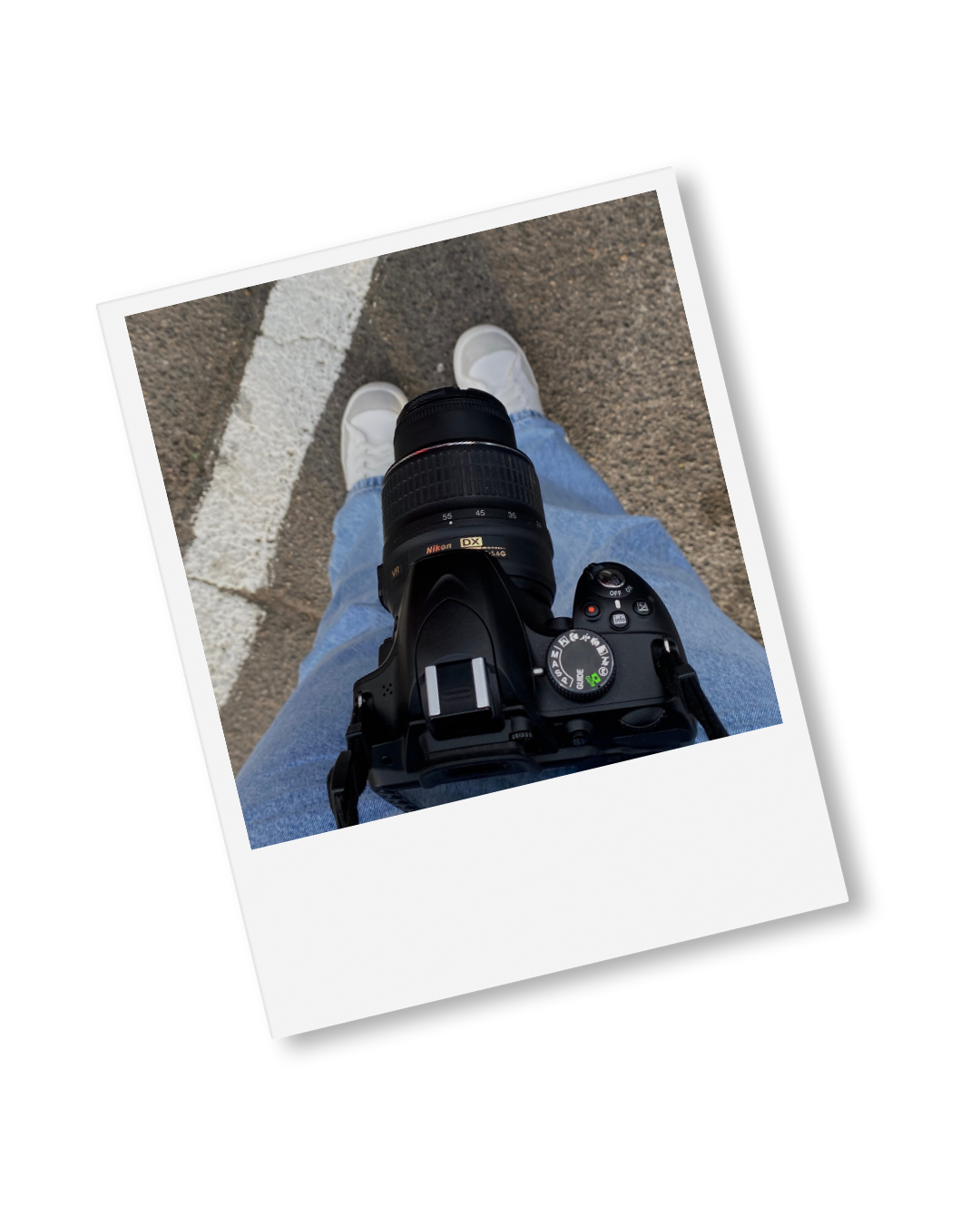 Photograph of a person standing on the street holding a camera, shot from above, showing their white shoes, blue jeans, and camera pointed down.