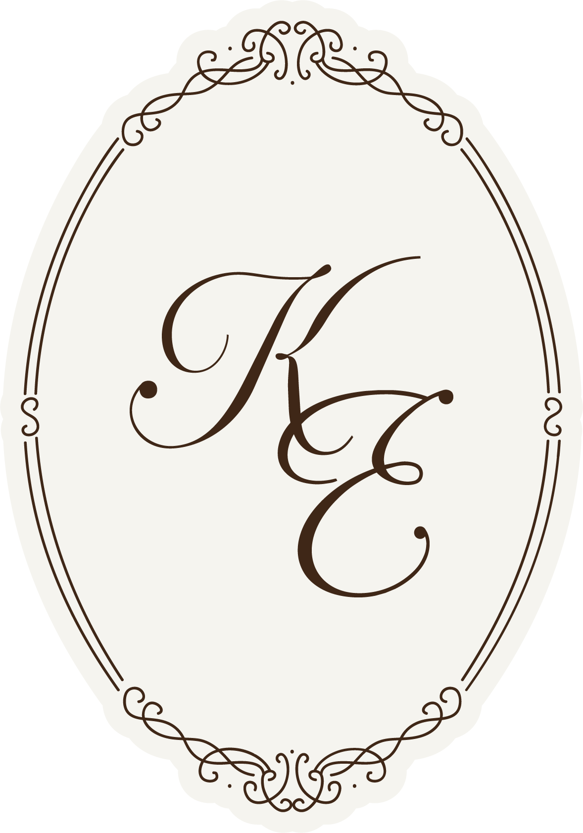 Elegant oval monogram logo with intertwined initials 'K' and 'E' in script font, bordered by decorative scrollwork.