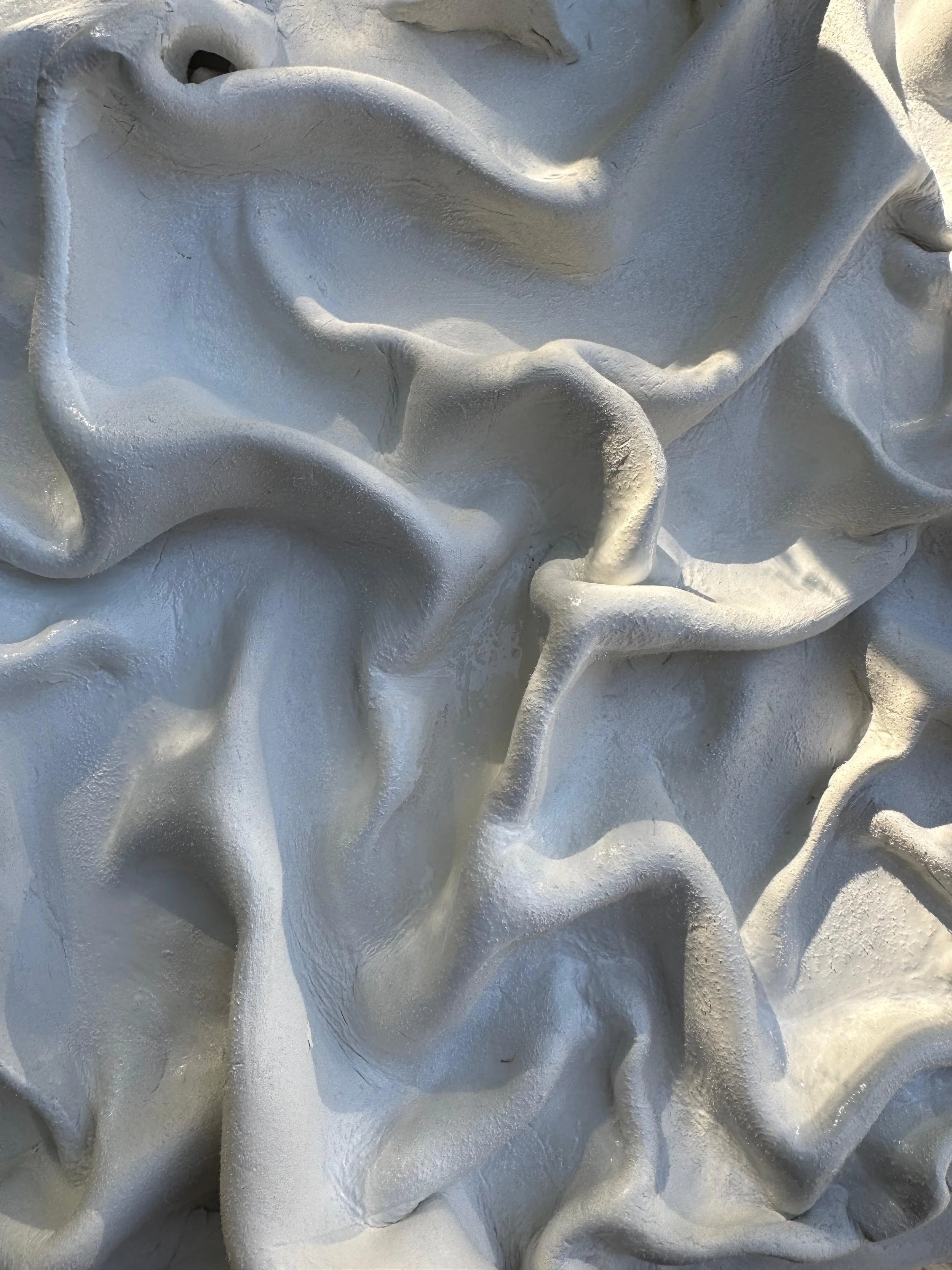 Close-up of a textured, white, molded sculpture.